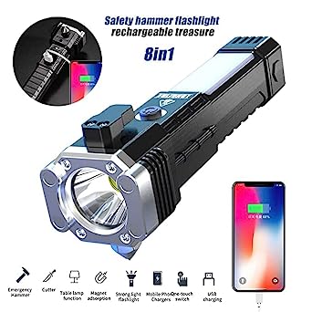 Rechargeable LED Torch – Emergency Safety Hammer & Glass Cutter, Multi-Function Flashlight