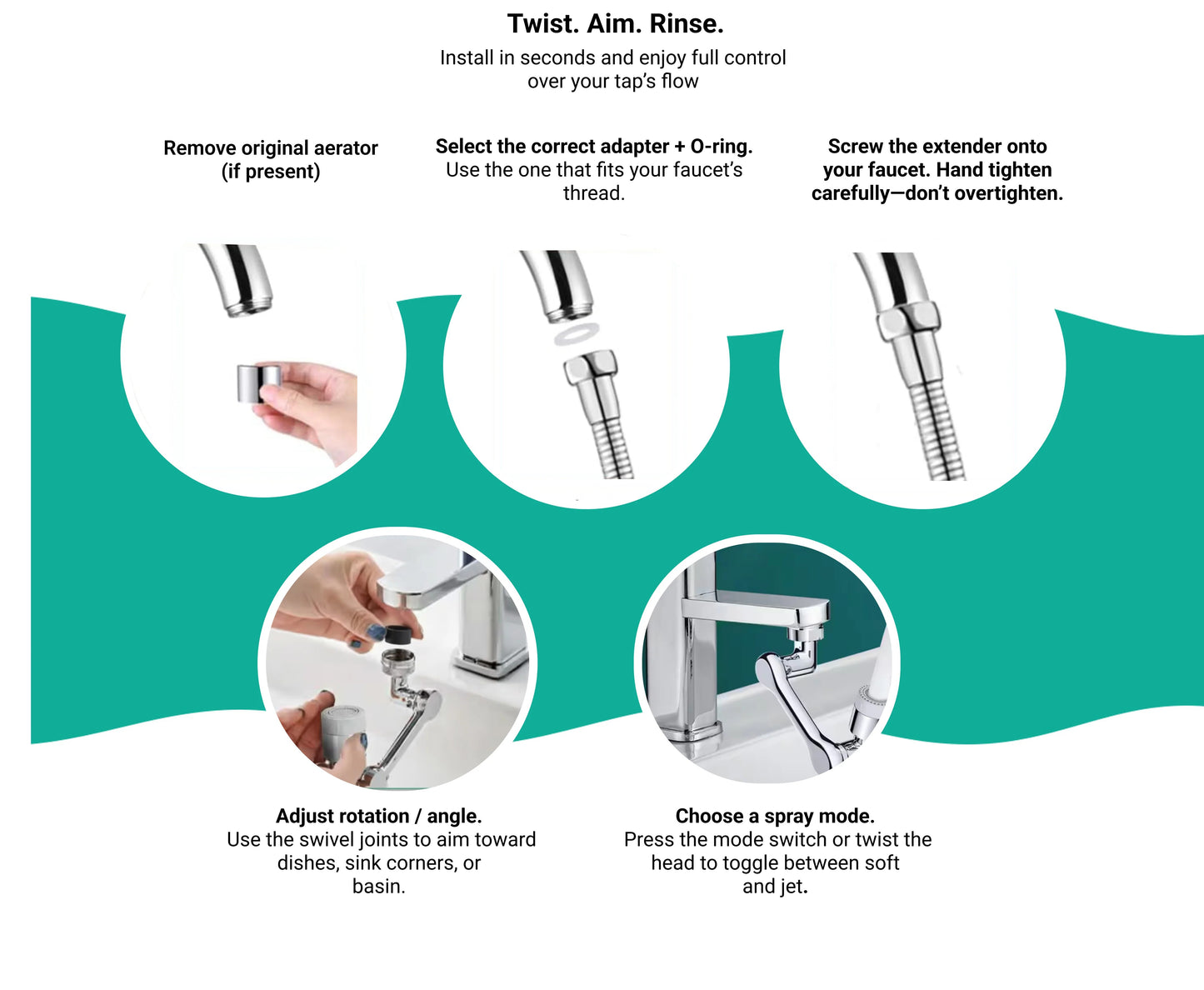 1080° Rotating Faucet Aerator & Splash Filter Extender – Water Saving Tap Nozzle