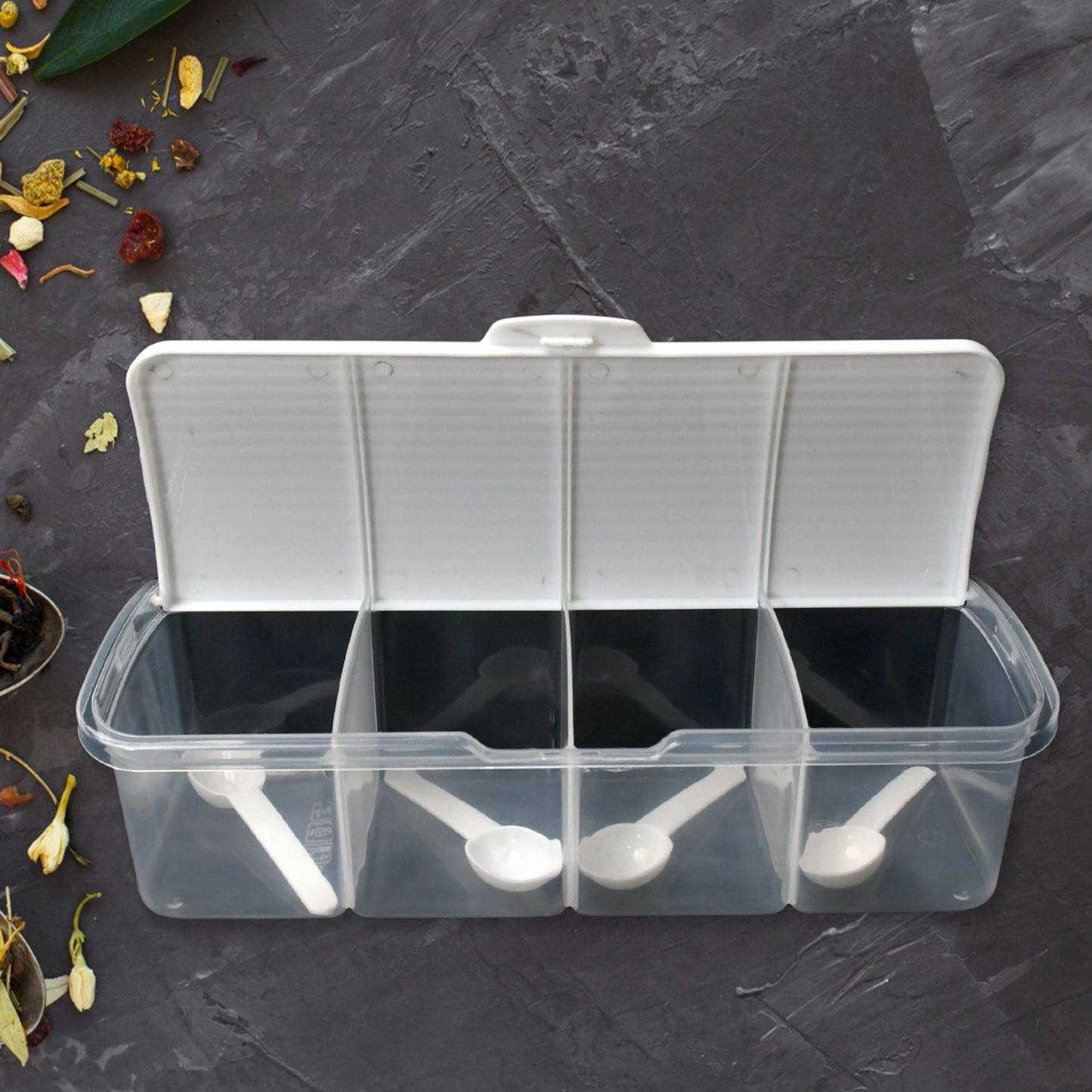 Kitchen Multipurpose Air-tight 4 Sections Storage Containers with 4 spoon (1 Pc )