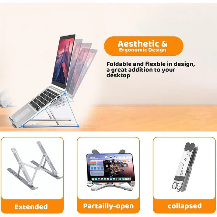 Metal Portable Laptop Stand – Foldable, Adjustable & Ergonomic Cooling Stand for Laptop & Tablet