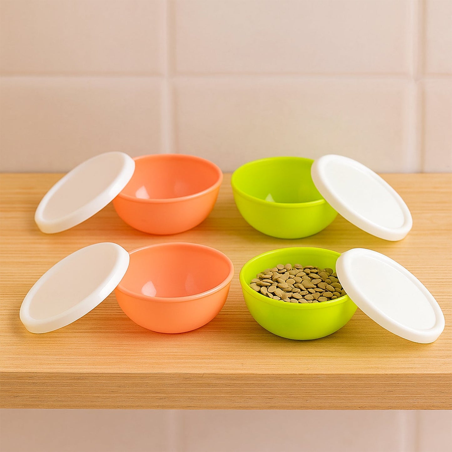 Multipurpose Small Round Plastic Bowl / Katori With Lid,  Chutney Bowl (4 Pcs Set)