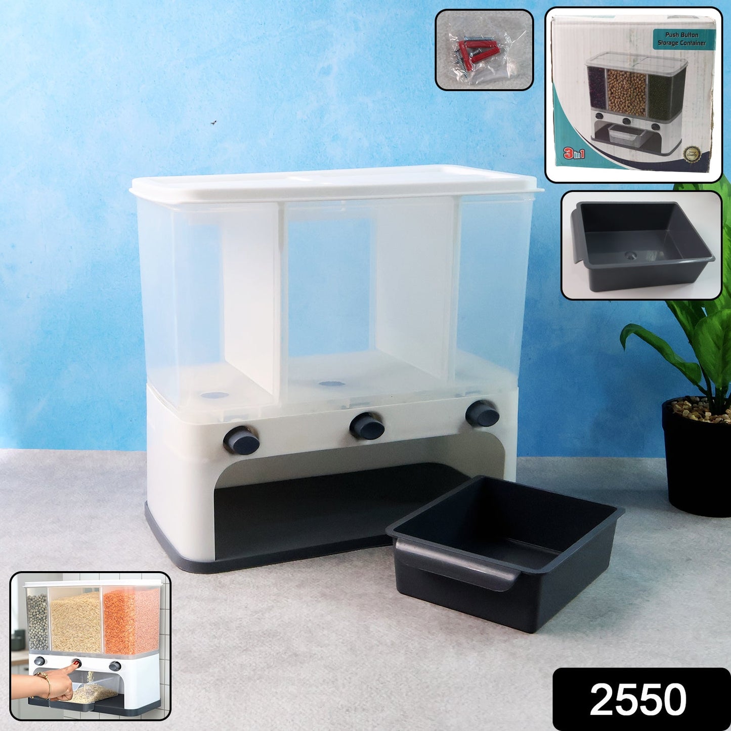 Easy Flow Cereal Dispenser for Kitchen 3 in 1 Push Button Wall Mount Container