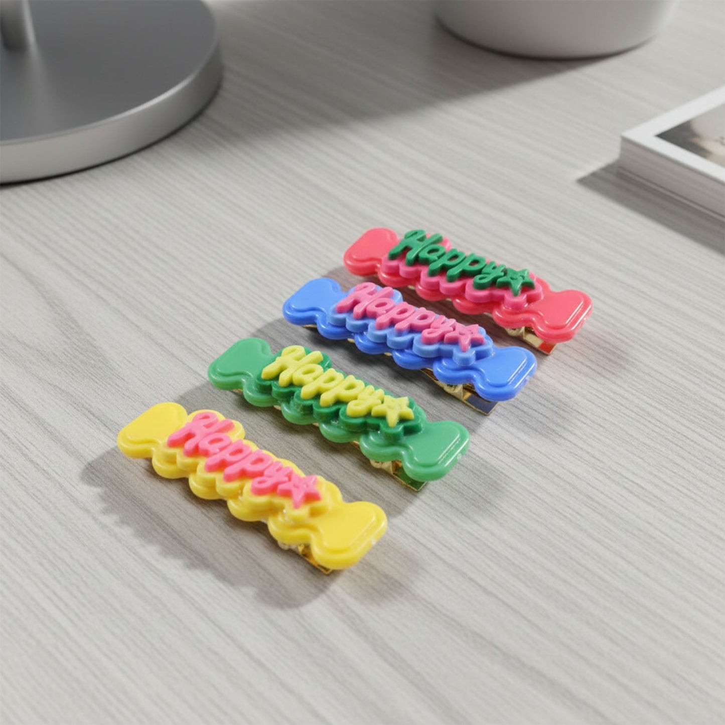 Cute “Happy” Bone-Shaped Snap Hair Clips Set (4 Pc)
