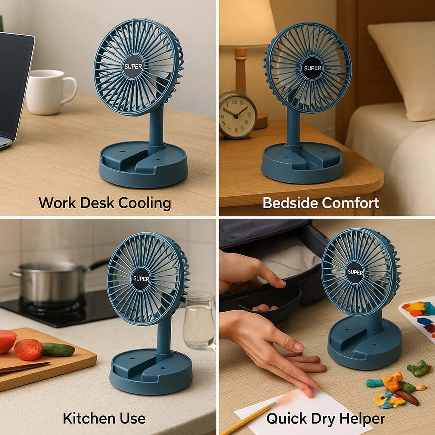 Portable Telescopic Desk Fan – Foldable & Height Adjustable USB Rechargeable Fan