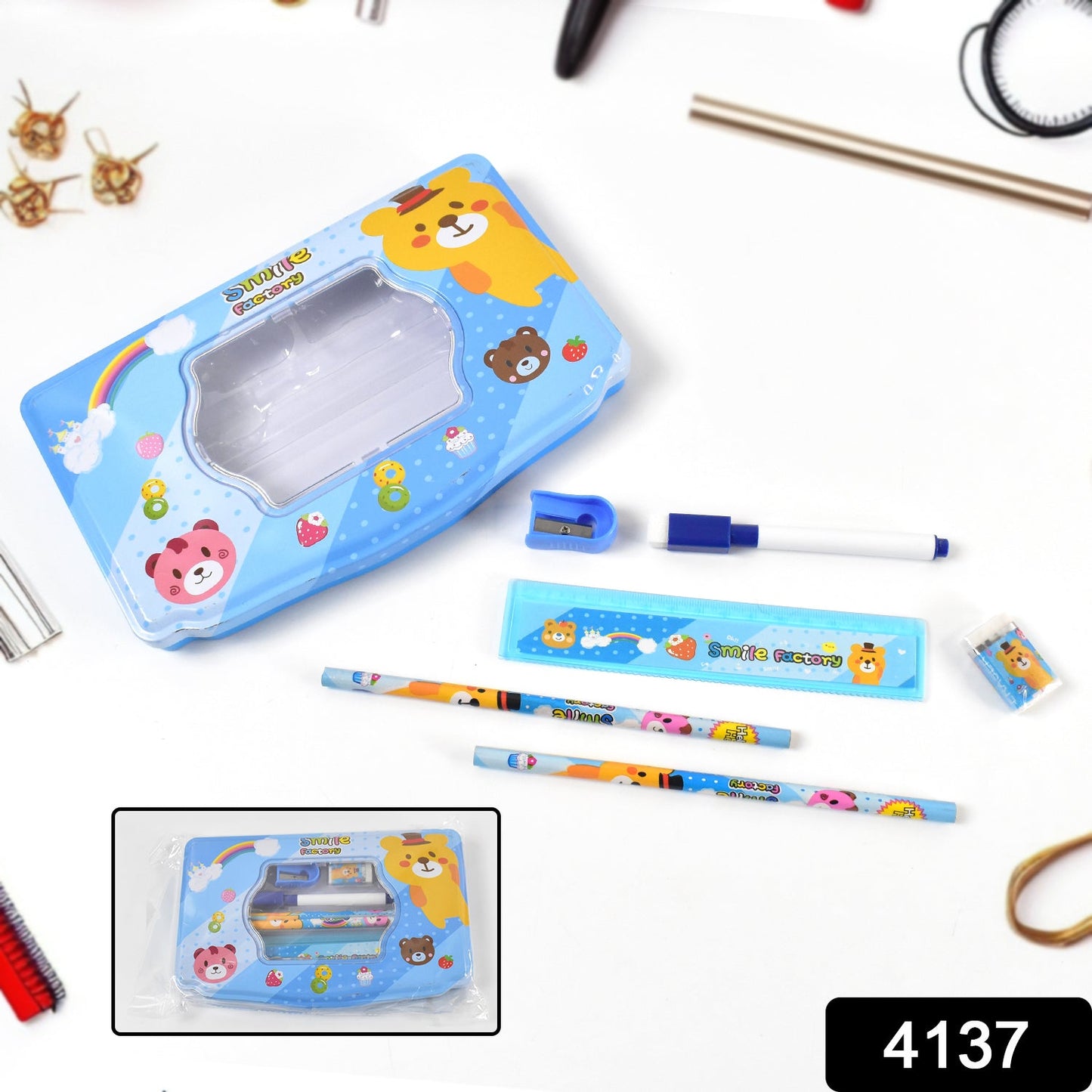 Cartoon Metal Compass Box for Kids with Stationery (6 Pc Set)